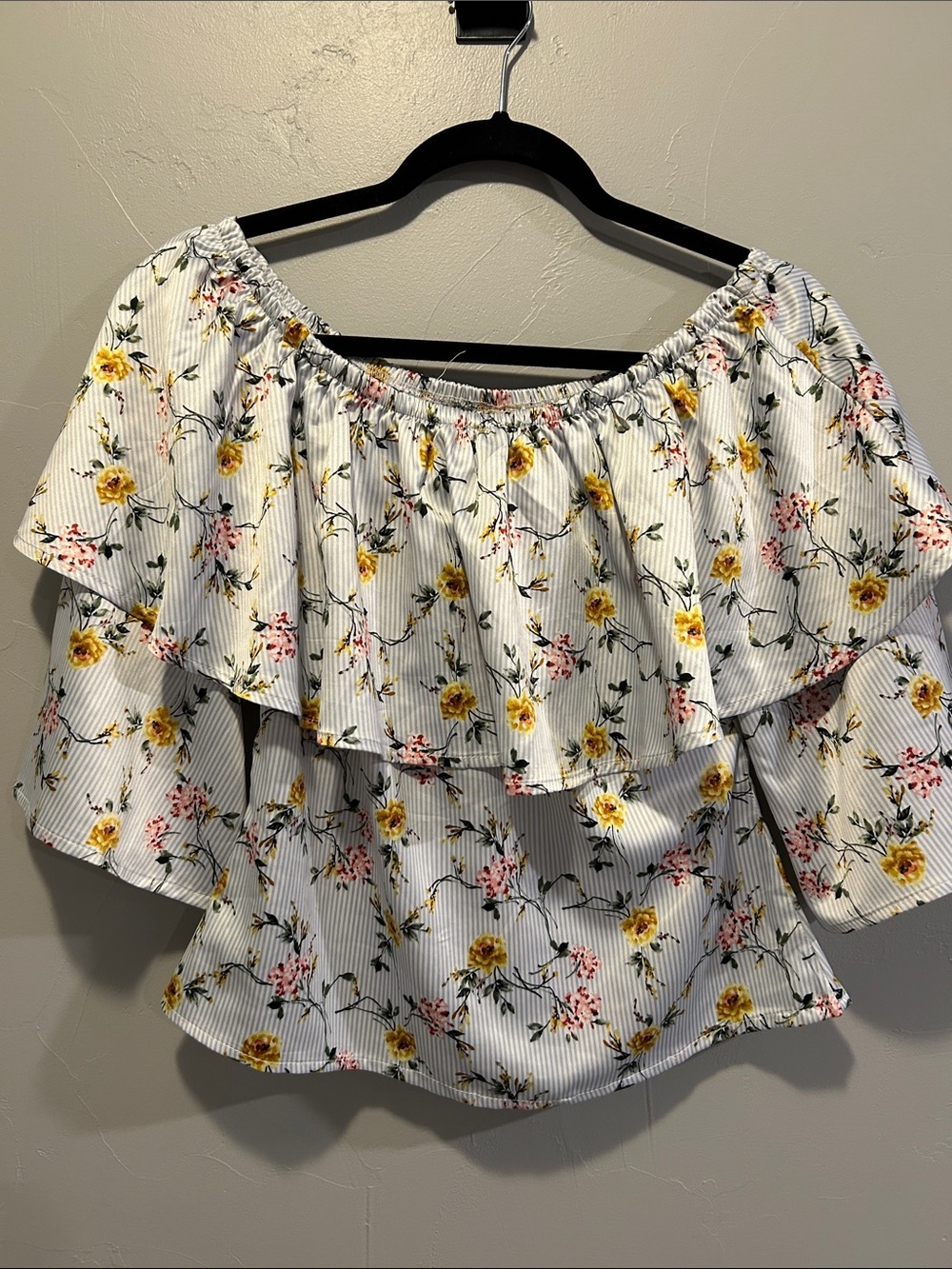 Women’s White/Blue Stripped Floral Off-Shoulder Ruffle Top
